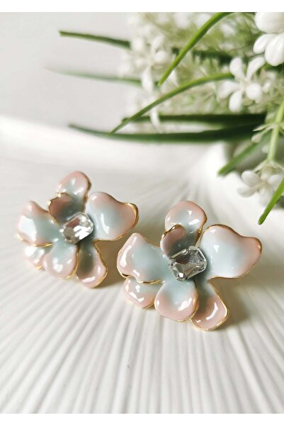 Halley Concept Powder Blue Enamel Detailed Flower Model Steel Earrings 3X3 cm