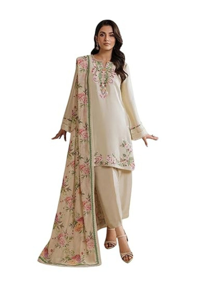 MYSMAR Beige Natural Crepe Embroidered Farshi Plazzo Set - HRT3839 | Beige-Si...