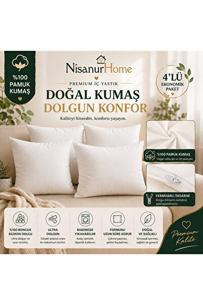 NisanurHome Premium 4'lü Kırlent İç Yastık | 15 Farklı Ölçü Seçeneği | %100 P...