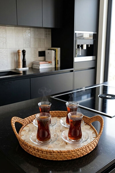 İSKA HEDİYELİK Doğal Hasır Rattan Kulplu Detaylı Yuvarlak Dekoratif Tepsi | S...