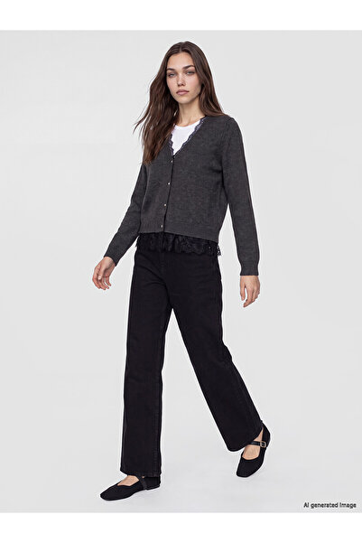 LC Waikiki Alita City Lcw Modest Black Denim Straight Baggy Fit High Waist Wi...