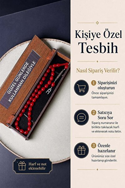 TESBİHKENTİ Kişiye Özel Bordo Tesbih Ahşap Kutulu Harf ve Not