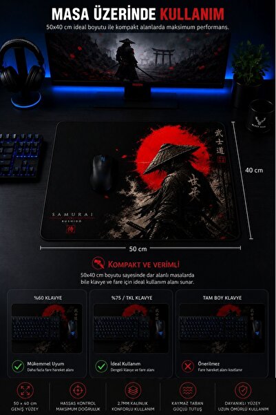 Lord Mountain Baskılı Dijital Tasarımlı Oyuncu Mouse Pad, Kaymaz Taban, Dikişli Gaming Mouse Pad Samurai 50x40 Cm