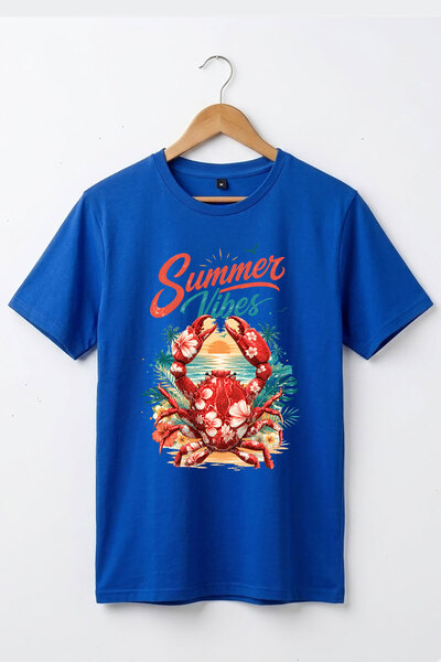 The Baski Summer Vibes Crab Printed 100% Cotton Regular Fit Crew Neck Basic T...