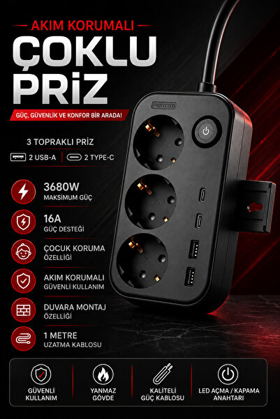 Merwish Akım Korumalı 3'lü Topraklı Priz 2 USB-A 2 Type-C 3680W 16A Anahtarlı...