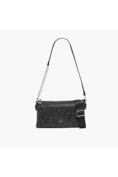 United Colors of Benetton Monogram Crossbody Bag with Chain Detail