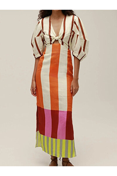 Take Two By Styli Striped Tie-Front Detail Maxi Dress