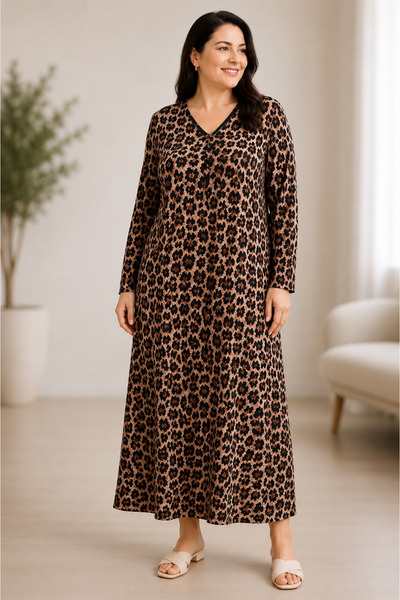 GOOD NİGHT Plus Size Cotton Slim V-Neck Dress