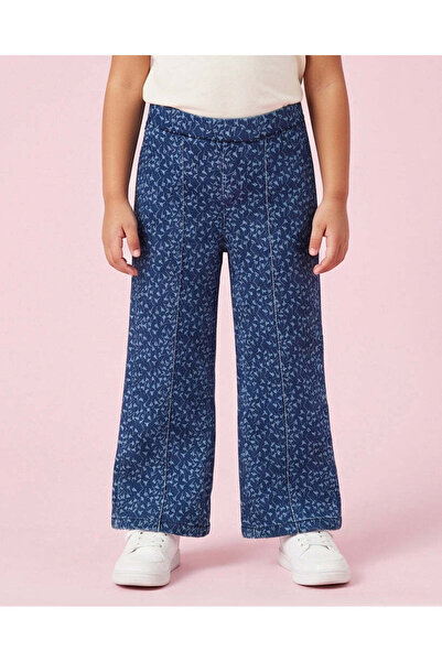 REDTAG Girls Dark Wash Floral All Over Print Flare Jeans