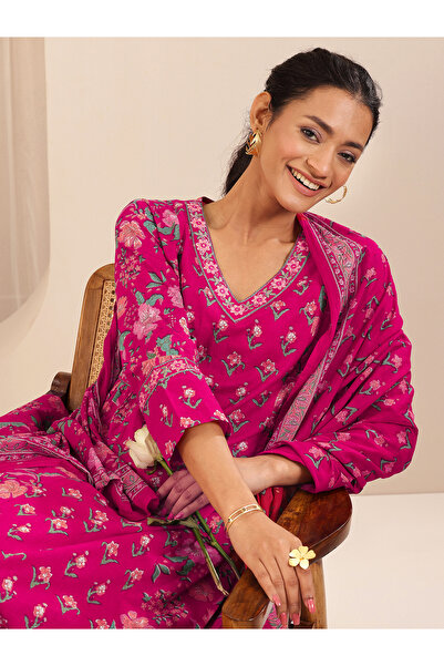 Libas By Styli Pink Printed Cotton A-Line Kurta, Salwar and Dupatta Set