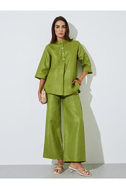 Amirah By Styli Green Solid Stand Collar Top and Wide Leg Trousers Modest Set