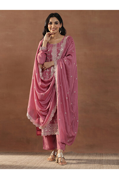 Libas By Styli Printed Silk Blend Straight Kurta, Trousers And Dupatta Set