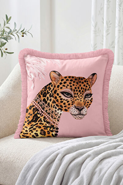 Realhomes Fringed Throw Pillow Cover with Pearl Pendant Leopard Figure and Tr...