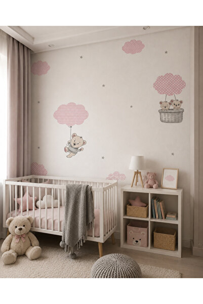 borella Pembe Bulut ve Ayıcık Desenli Çocuk Odası Duvar Kağıdı 16 m² Silinebi...