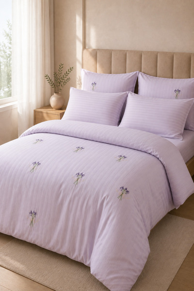 Motif Tekstil 100% Cotton Satin Double Embroidered Duvet Cover Set (Duvet Cover, Bed Sheet, 2 Pillowcases, 2 Throw Pillow Covers)