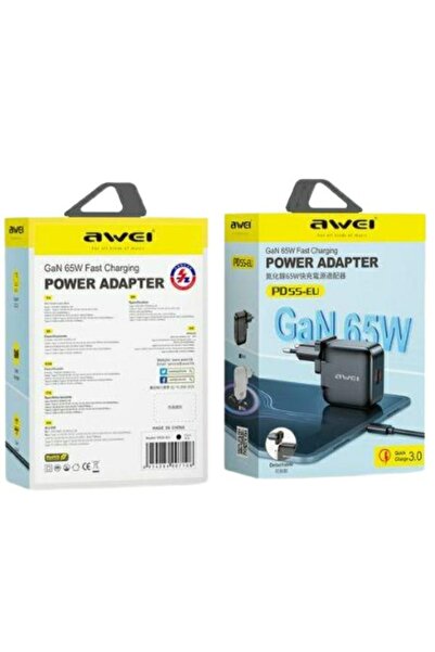 NO BRAND AWEI PD55-EU 65W USB + USB-C GaN Negru Adaptor de alimentare