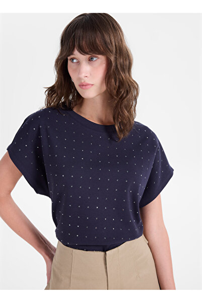 Fabrika Lacivert Kadın Bisiklet Yaka Relaxed Taşlı T-Shirt F5WL-TST0247