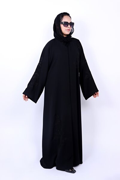 Izzah Bella Women’s Classic Black Front-Open Abaya with Ari Embroidery & Ston...
