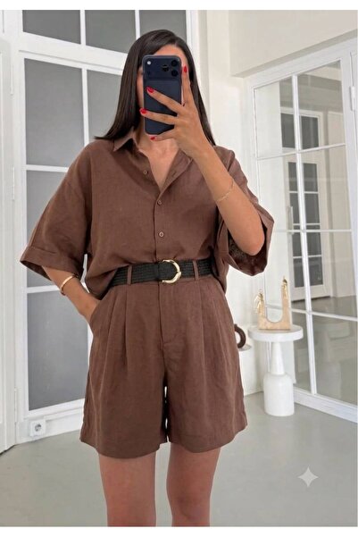 Olbia Women's Brown Oversize Shirt Belted Shorts Tencel Set
