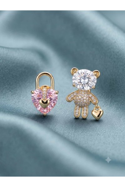 Lama Store Teddy & Lock Asymmetric Zircon Stone Gold Earrings