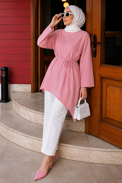 Tesettür Dünyası Tie-Waist Asymmetrical Cut Tunic Tsd260265 Pink