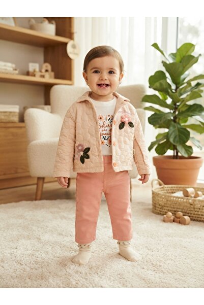 Kız Bebek Çiçek Detaylı Kapitone Ceket Sweatshirt Pantolon 3'lü Takım