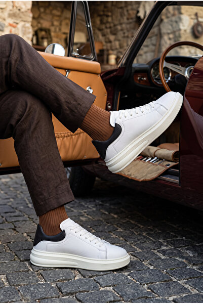 Belluro Men's White Genuine Leather Black Detailed Lace-Up Casual Sneaker Shoes