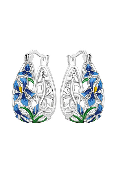 Choice OTE4353 CYCUFF S925 Sterling Silver Blue Iris Flower Earrings Hoop Ear...