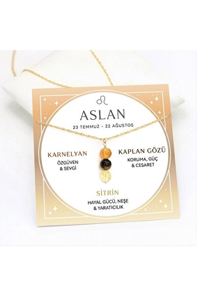Taşmir Aslan Burcu Doğal Taş Altın Kaplama Zincirli Kolye - Pirit, Kırmızı Ja...