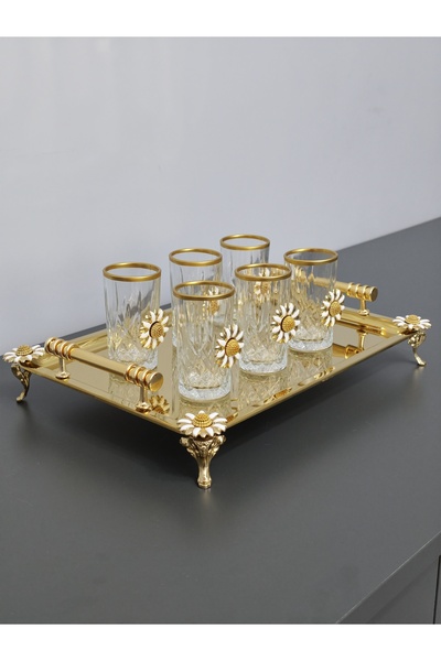 PARILTI HOME COLLECTİON Zemzem Set Gold Tray for 6 People