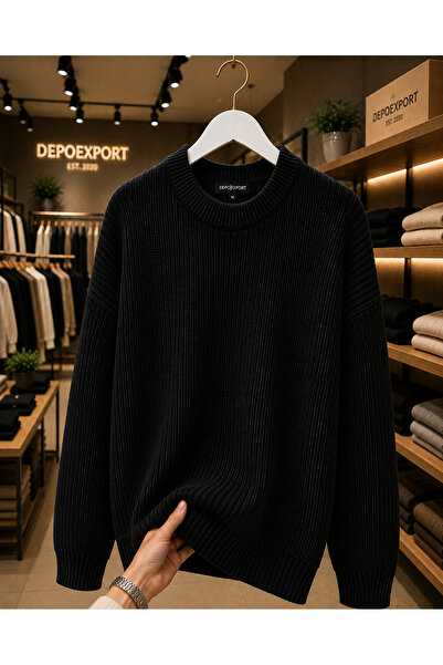 DepoExport Erkek Premium Oversize Yumuşak Bisiklet Yaka Triko Kazak