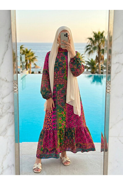 Kirazca Butik Women's Viscose Patterned Comfortable Fit Hijab Dress