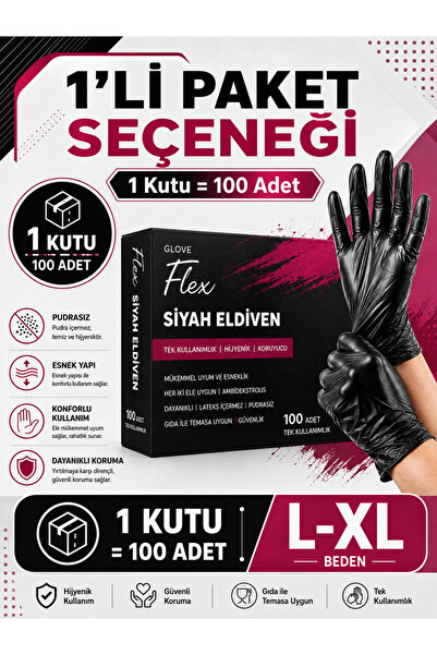 Genel Markalar Flex Hi-Tech TPE Tek Kullanımlık Pudrasız Siyah Eldiven 100 Ad...