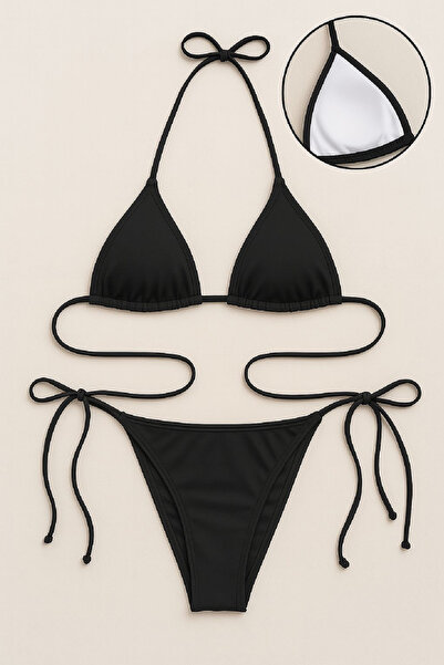 northcity n Women's Black Side and Neck Tie Bikini Swimsuit Set