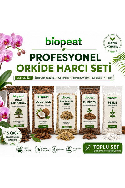 biopeat Orkide Harcı Seti 5'li 1 L İthal Çam Kabuğu Cocohusk Sphagnum Torf Pe...