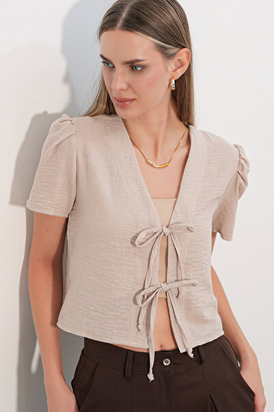 Bigdart Women's Short Sleeve Crop Blouse 958 - Beige