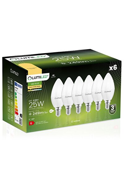 Lumiled 6x Bec LED E14 tip lumânare B35 2.5W = 25W 249lm 3000K Cald 180 °