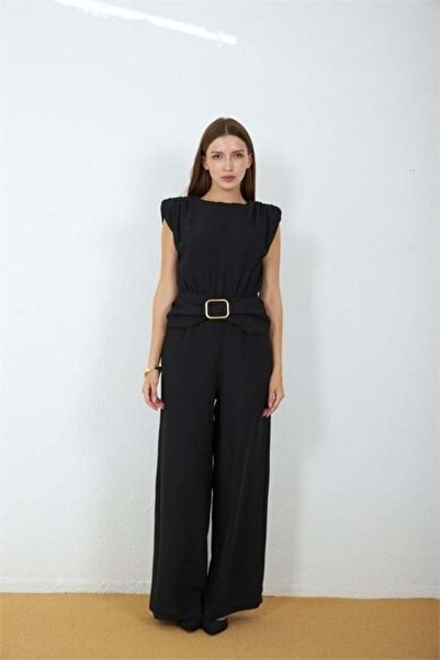 Dipmoda Women's Black Belted Draped Waist Zero-Sleeve Full-Length Jumpsuit Dp...