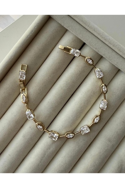 DİBA AVM Bracelet in Gold Color with Baguette Stones, Women's Asymmetrical St...