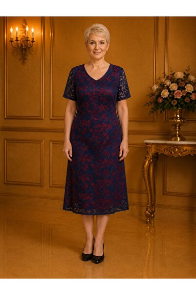 OEM Rochie fashion de gala, dantela bleumarin cu captuseala rosie