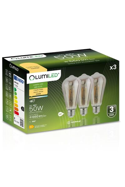 Lumiled Set de 3 becuri LED Edison E27 ST64 6W = 50W 420lm 2200K Cald 360 °  ...