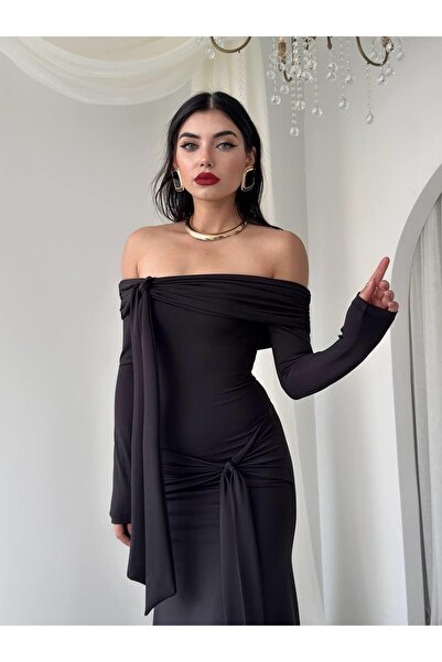 Clothes Fast Women's Black Long Boat Neck Draped Dress with Tie Detail and Lo...