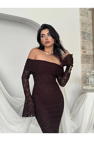 Moda Days Rochie midi din dantelă maro pentru femei, cu guler bărcuță, mâneci...