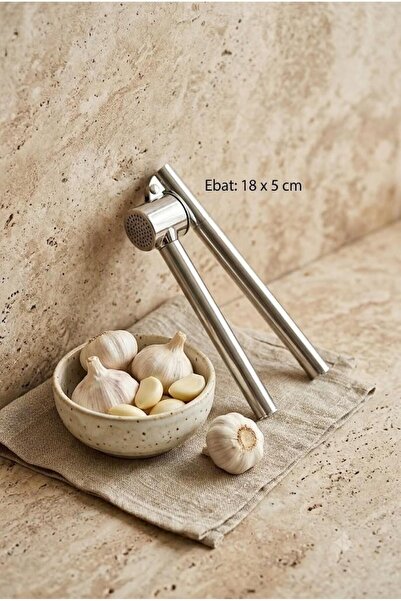 Atbyhome مطحنة ثوم من الفولاذ المقاوم للصدأ مقاس 18×5 سم - مكبس ثوم مع وعاء ق...
