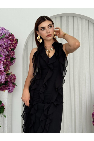 Clothes Fast Γυναικείο μαύρο μίντι φόρεμα με λαιμόκοψη V και βολάν, αμάνικο φ...