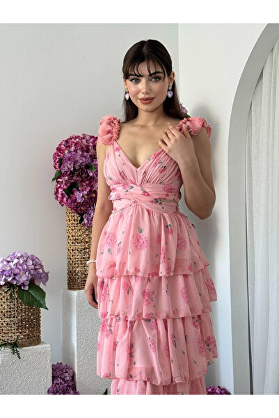 Clothes Fast Women's Pink Floral Patterned Chiffon Backless Ruffled Long Dress