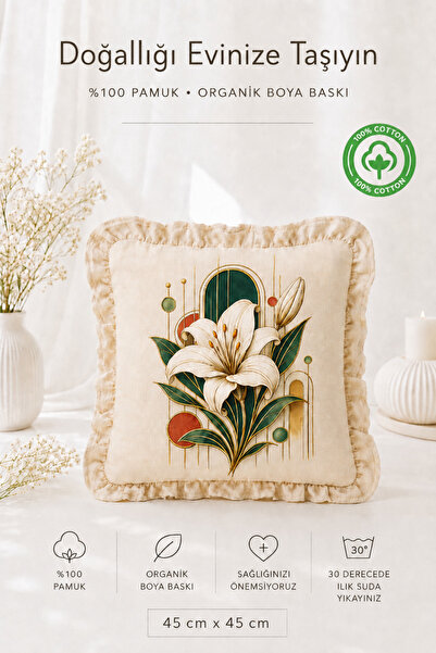 ACELEYOLLA 4’lü Fırfırlı Beyaz Zambak Desenli Kırlent Kılıfı %100 Pamuk Organik Baskılı Dekoratif Yastık Kılıfı 45x45 cm