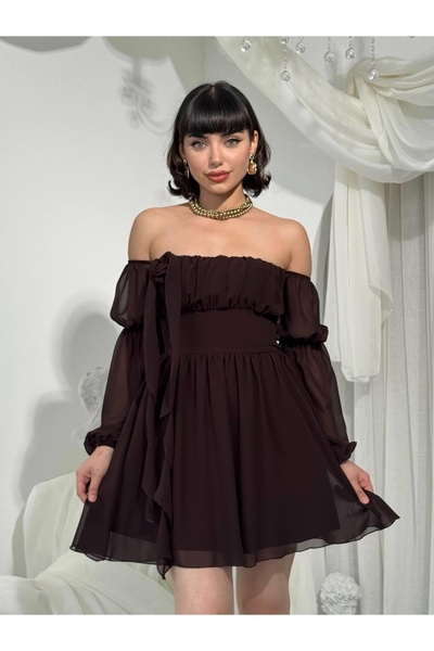 Clothes Fast Rochie mini maro pentru femei, din șifon, cu decolteu bărcuță, m...