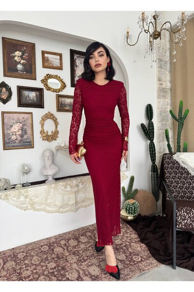 Clothes Fast Women's Burgundy Midi Dress Lace Textured Crew Neck Long Sleeve ...