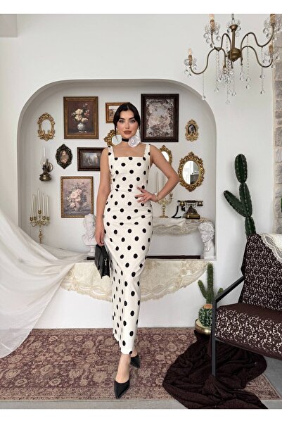 Moda Days Rochie midi Atlas, ecru, cu buline, cu bretele și decolteu pătrat, ...